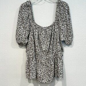 Nine West Off Shoulder Floral Peplum Top Gray Black White Balloon Sleeve Size XL